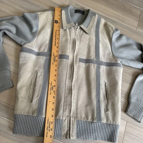 Vintage Saxony Men's Gray Acrylic‎ & Leather Sweater Jacket L Made Hong Kong